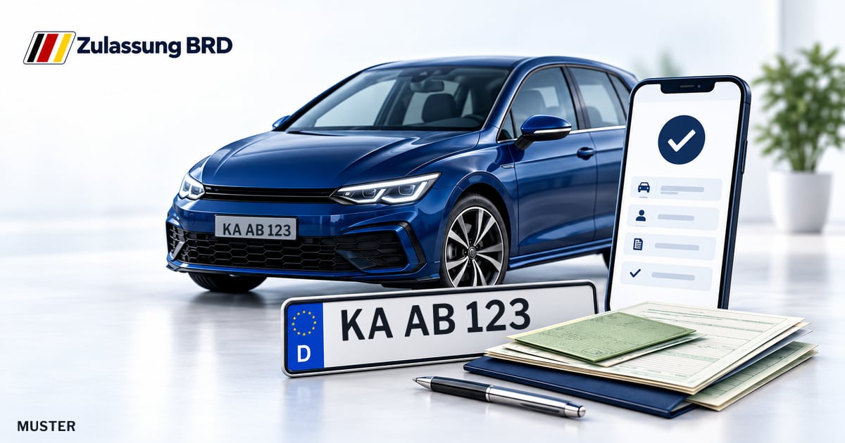 Online Fahrzeugzulassung in Rheinstetten: Musterkennzeichen KA AB 123, Auto und Fahrzeugpapiere und Smartphone. Illustration mit Logo von Zulassung BRD.